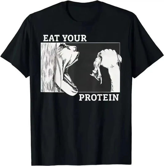 2025 Eat Your Protein Anime Gym Pump Bodybuilding Fitness T-Shirt Men Women Cotton Tees Crewneck T Shirts Printing Clothes